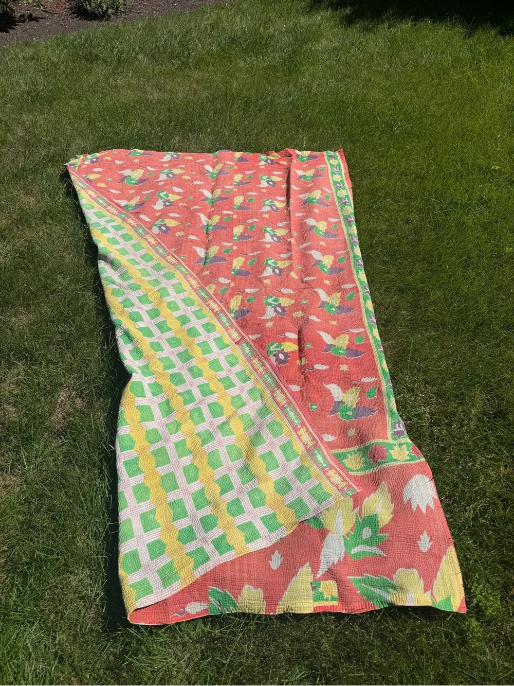 Vintage Indian Kantha Quilt Reversible Coral Floral Green Yellow Hand Stitched T